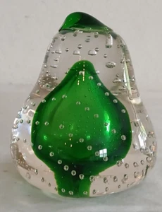 Art Glass Green Clear And Bubble Pear Decorative Paperweight 3.25" Tall - Picture 1 of 17