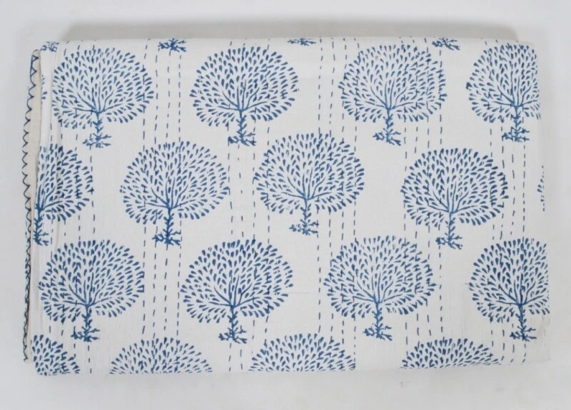 Blue Bed Runner Kantha Quilt Tree Print Ralli Gudri Queen Bedspreads Throw - Image 1 of 4