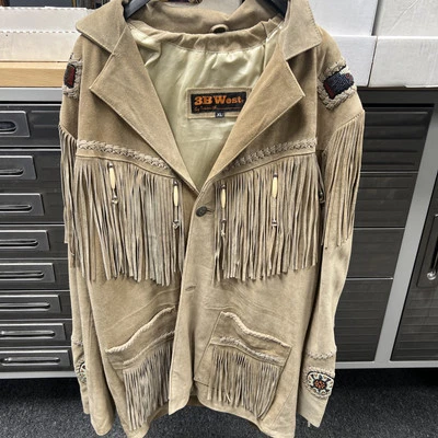 Abrigo 3B WEST Cuero Tostado Flecos Cuentas Estilo Nativo Americano Talla XL Foto 1 de 4