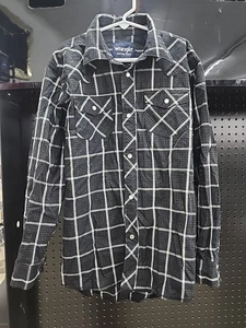 Wrangler Boys Western Pearl Snap Shirt  Black Plaid Long Sleeve Youth SZ 10/12 - Picture 1 of 7
