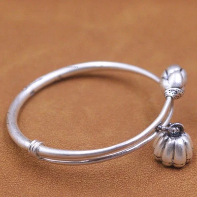 Solid S999 Pure Silver Bracelet Women 4mm Lotus Flower Adjust Bangle 2.4inchD - Image 1 of 4