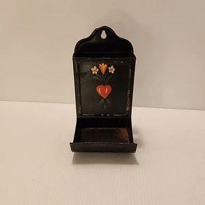 Vintage Hand Painted Floral Toleware Hearth Match Safe- Folk Art- Country Decor - Picture 1 of 8