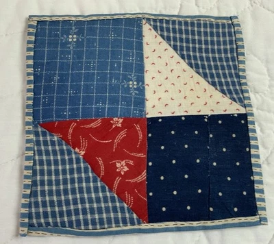 Vintage Patchwork Quilt Table Topper, Four Patch, Early Calico Prints, Red, Blue - Image 1 of 4