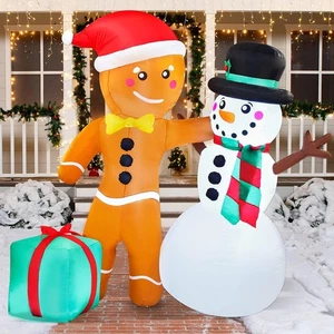 6 FT Tall Christmas Inflatables Gingerbread Man & Snowman with Build-in LEDs - Picture 1 of 8