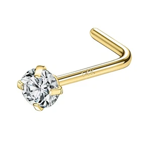 14K Real Gold Nose Studs 18g, L Shaped Nose Rings Corkscrew, Simulated Diamon... - Picture 1 of 7