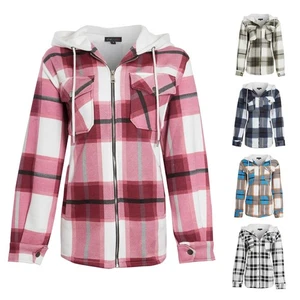 Damen Karo Fleece Shacket Reißverschluss Kapuze Oversize Baggy Tunika Jacke - Bild 1 von 16