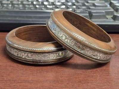 2 PIECES METAL STUD INLAY WOOD BANGLE BRACELET - Image 1 of 4