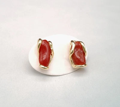 Ohrringe Echte Rote Koralle von Sardinien Natürlich Silber 925 Plac Gelbgold - Bild 1 von 4