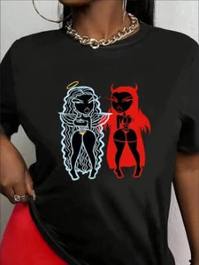 Camiseta con estampado de ángel y demonio, top informal manga corta cuello redondo para verano y verano - Imagen 1 de 7