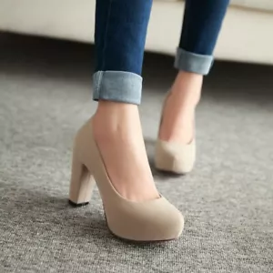 Primavera Otoño Mujeres Punta Redonda Imitación Gamuza Sin Cordones Ropa de Trabajo Zapatos Bloque Tacón Alto - Imagen 1 de 17