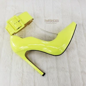 Mona Mia 5" High Heel Wide Ankle Buckle Cuff Scallop Cut Pump Shoe 7-11 Yellow - Picture 1 of 12