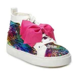 Size 4 - JoJo Siwa Rainbow Sequin Girls High Top Sneakers Shoes with Pink Bow - Picture 1 of 8