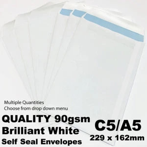 QUALITY C5/A5 PLAIN 90GSM WHITE ENVELOPES SELF SEAL STRONG PAPER 229MM X 162MM - Picture 1 of 4