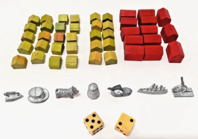 Vintage Lot of 52 Monopoly Metal Playing Pieces WOODEN Houses Hotels & Dice - Image 1 of 3