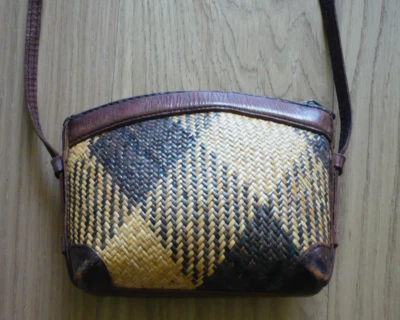Vintage 80s Handbag Elliot Lucca Rattan Leather Purse Weave Woven Plaid Shoulder - Image 1 of 4