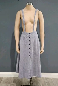 BB DAKOTA Blue Pinstripe A-Line Button Down Skirt With Suspenders S - Picture 1 of 7