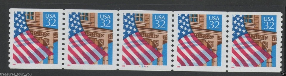 USA #2913 PL #45444 32¢ Flag Over Porch Stamp PNC5 Plate Number Coil stamp Strip - Image 1 of 1