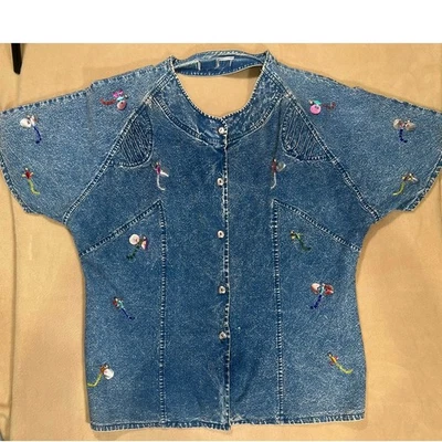 Винтажная джинсовая рубашка 90-х с коротким рукавом на пуговицах вышитые стрекозы большой размер? - Изображение 1 из 4
