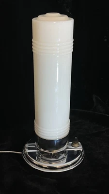 Gorgeous 1930s Art Deco Chrome W/Milk Glass Skyscraper Torpedo Table Lamp - Image 1 of 4