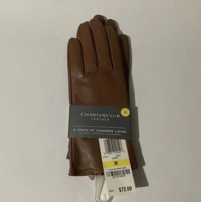 NWT Charter Club Women's Camel Leather Touch Screen Tech Gloves Cashmere Med. - Image 1 of 3