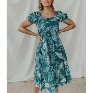 POLAGRAM Sommerkleid tropischer Blätterdruck Stufen grün Damen Übergröße 3XL - Bild 1 von 8