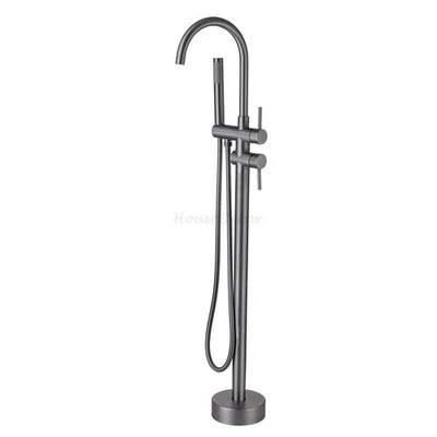 Light Luxury Grey Free Standing Bath Tap Floor Mount Tub Filler Shower Faucet - Image 1 of 4