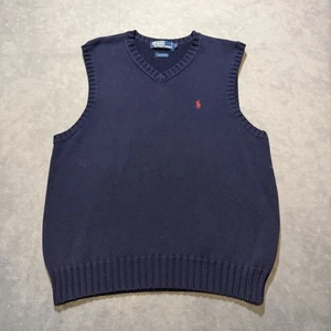 Vintage Polo Ralph Lauren Sweater Vest Mens Large Navy Blue Knit Cotton V Neck - Picture 1 of 8