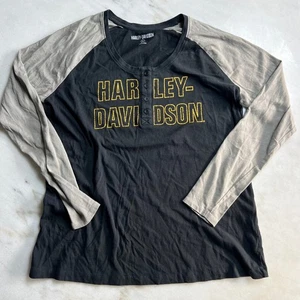 Harley Davidson Damen XL schwarz grau Raglan Langarm Henley Shirt Grafik Tee - Bild 1 von 8
