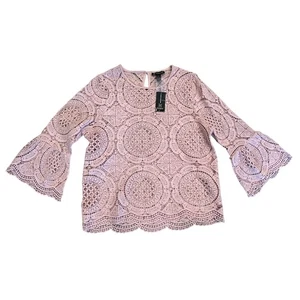 Top nuovo con etichette Inc International Concepts manica a campana in pizzo taglia L Boho Preppy Classic - Foto 1 di 9