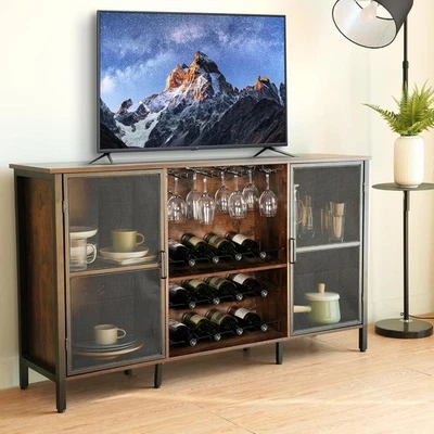 Industrial Wine Bar Cabinet with Glass Holder, Bottle Rack & Storage Sideboard - Image 1 of 4