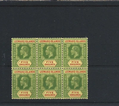 LEEWARD IS 1912-22 5s VERDE Y ROJO/AMARILLO BLOQUE DE SEIS MNH SG 57 CAT £390++ Foto 1 de 2