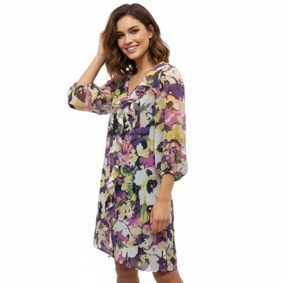 Adrianna Papell Sheath Dress 4 Multicolor Floral V-Neck Ruffled Tunic Feminine - Image 1 of 4