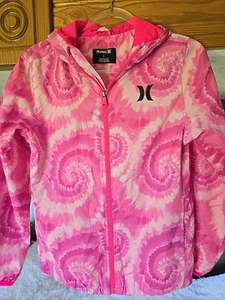 Hurley Windbreaker Jacket Girls Sz Large 12-13 Pink Tye Dye Hooded Full Zip - Picture 1 of 15