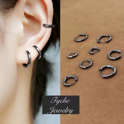 Black Round Huggie Hoop Earrings Women Men Surgical Steel Trendy Jewelry Gift - Image 1 of 4