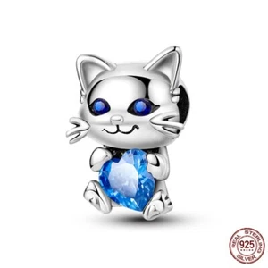 Neu S925 Sterlingsilber Blau Herz Liebe Niedlich Katze Charm Perle Universalgröße - Bild 1 von 1
