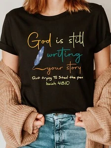 Writing Your Story Print Crew Neck T-Shirt - Women's Casual Print Graphic Tee - Picture 1 of 12