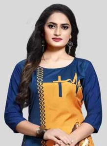 BEAUTIFUL ELEGANT BLUE YELLOW PRINTED CASUAL BLENDED CREPE KURTA WOMEN SIZE L - Picture 1 of 5