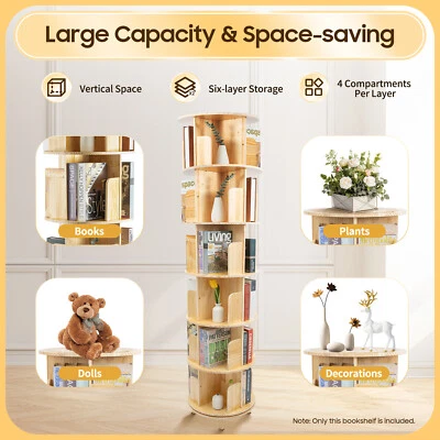 6 Tier Wood 360°Rotating Display Bookshelf Floor Standing Book Toys Storage Rack - Image 1 of 4