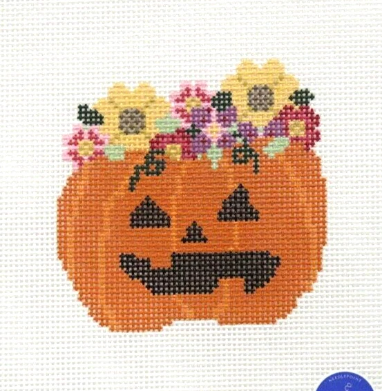 Atlantic Blue Floral Halloween Pumpkin Handpainted Needlepoint Canvas - Image 1 of 1