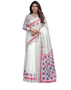 Women's Cotton Linen Printed Saree with Unstitched Blouse Piece - Picture 1 of 115
