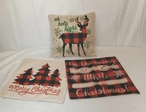 3 Christmas Decorative Throw Pillow Covers Farmhouse 17x17 Square New Red &Black - Picture 1 of 6