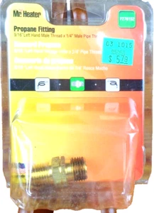 Mr. Heater F276152 Gold Solid Brass Propane Fitting 1/4 MPT x 9/16 LHPT Dia. in. - Picture 1 of 5