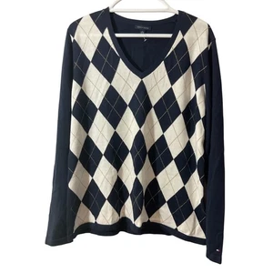 Tommy Hilfiger Sweater Women’s XL Navy White Argyle V-Neck Knit - Picture 1 of 6