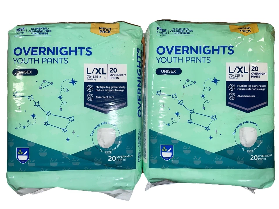 Paquete de 2 pantalones de noche Rite Aid juveniles (L/XL) 20ct cada paquete 70-125 lb unisex Foto 1 de 1