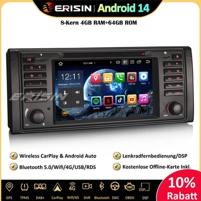64GB Android 14 Autoradio GPS DAB+CarPlay Navi DSP DVD für BMW 5er E39 X5 E53 M5 - Bild 1 von 4