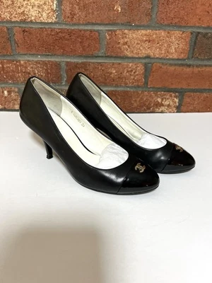 Authentic CHANEL CC Cap Toe Patent Leather Black  Pumps Heels Women’s Size 39 - Image 1 of 4