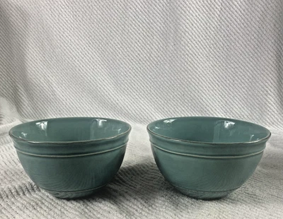 Pottery Barn Bowls Set Of 2 Handcrafted Portugal Turquoise Stoneware Soup - Image 1 of 4