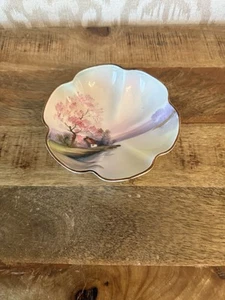 Vintage Noritake Japan Footed Dish Hand Painted Cottage Scene Pink Tree 5.5” - Picture 1 of 19