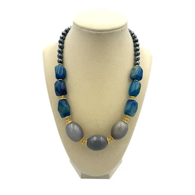 Barse NWT Agate Blue Ornate Gray Oval Stones Gold Tone Short Statement Necklace - Image 1 of 4