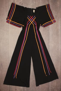 Vintage Jumpsuit Damen 70er Jahre schwarz bunt Bandbesatz S/M 70s Taschentuchärmel - Bild 1 von 14